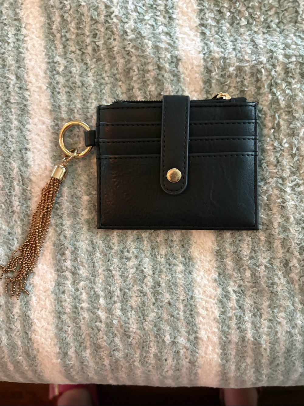 Black Leather Card Holder with Gold Tassel Keyring